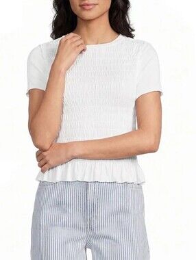 Moa Moa White Smocked Short-Sleeve Peplum Ruffle Top